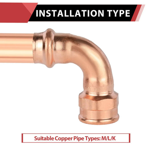 100 Pack Copper Press Elbow Fittings 3 4 X 1 2 Inch Female 90 Degree Plumbing Pipe Connector For Type M L K Tubing close-up view