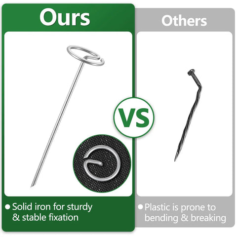 Comparison of metal and plastic spikes used in No Dig Landscape Edging Kit, 40 Ft Of 4 Inch Tall Flexible Plastic Border With 60 Metal Spikes.