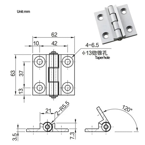 Technical drawing and image of a rugged aluminum 120 degree limit hinge for industrial machinery, large size durable alloy.