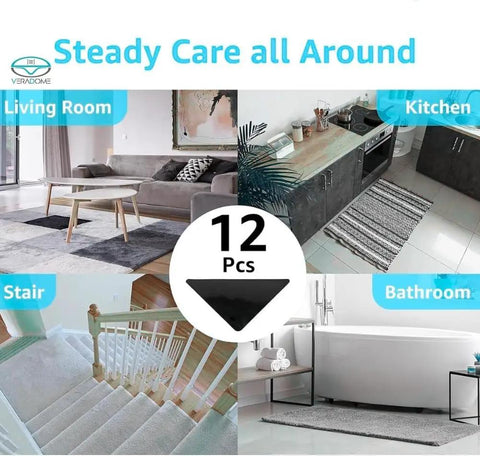 Image showcasing 12 Piece Rug Tape Non Slip Rug End Grippers Double Sided Carpet Corner Tape Gripper Pads Non Slip Carpet Stickers placed in rooms.