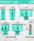 Product size chart showing Diamond Core Tile Drill Bit Set 6pcs Pro-Grade Hole Saw Kit with 25mm to 75mm bits and 20mm finger bit.