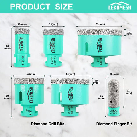 Product size chart showing Diamond Core Tile Drill Bit Set 6pcs Pro-Grade Hole Saw Kit with 25mm to 75mm bits and 20mm finger bit.