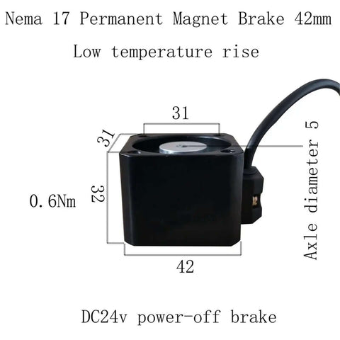 Side view of Nema 17 Stepper Motor With Power Off Brake, 24V DC, 42mm Square Frame, Permanent Magnet Brake Delivers 0.6Nm Torque, 5mm Shaft
