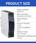 Heavy-Duty 60W 24V 2.5A Industrial Switching Power Supply With Ultra-Wide Input 180-550VAC And 254-780VDC DIN Rail Mount 4.7kV Isolation Built For Automation, Communications, And Manufacturing Equipment; product size 4.02x1.26x4.93in