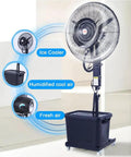 Heavy Duty Outdoor Misting Floor Fan With Adjustable Height And Rolling Wheels To Kick Some Serious Heat For Patios, showcasing misting function and adjustable features.