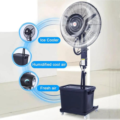 Heavy Duty Outdoor Misting Floor Fan With Adjustable Height And Rolling Wheels To Kick Some Serious Heat For Patios, showcasing misting function and adjustable features.