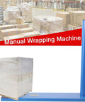 Manual Stretch Wrap Dispenser Handheld Pallet Wrapper on blue stand with wrapped pallet ready for shipping.