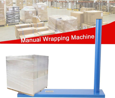 Manual Stretch Wrap Dispenser Handheld Pallet Wrapper on blue stand with wrapped pallet ready for shipping.
