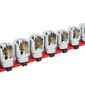 Three Eighth Inch Drive Weatherhead Socket Master Set 13 Piece SAE Sockets For Weatherhead Fittings On Red Plastic Rail