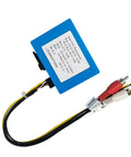LEXXSON optic fiber decoder module, blue housing with yellow/black wiring harness and RCA cables.