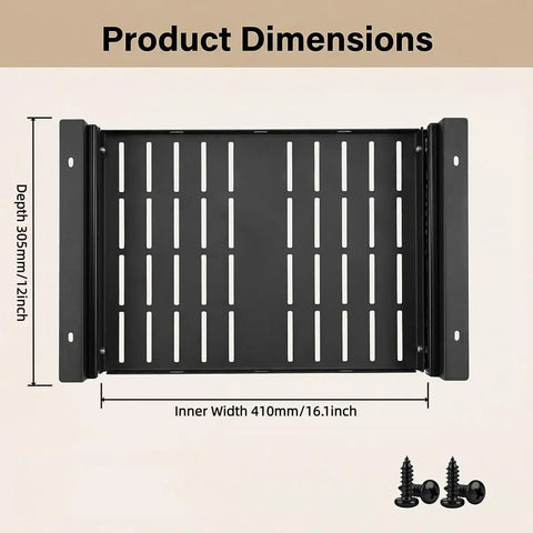 Heavy Duty Under Desk Laptop Mount With Super Smooth Gliding Steel Tray, dimensions showing black steel construction and screws.