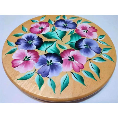 14 Inch Vintage Painted Floral Light Wood Lazy Susan Turntable Centerpiece For Kitchen And Dining Table, Easy 360 Degree Spin