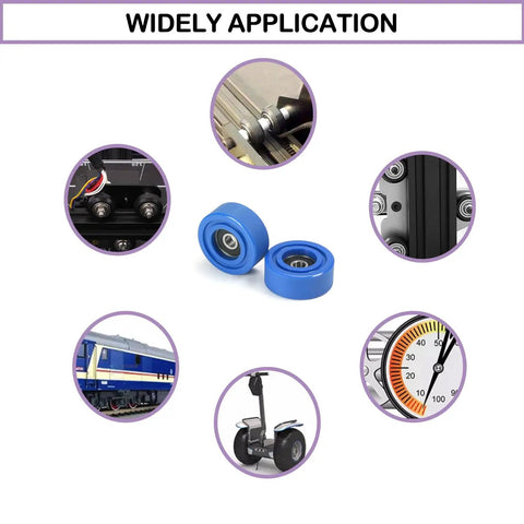 Top Shelf Blue Polyurethane Roller Idler Pulley Wheel Loaded With Tough 608RS Ball Bearings For Silky Smooth Sliding Doors And Heavy Duty Furniture Hardware Two Pack on track with various applications.