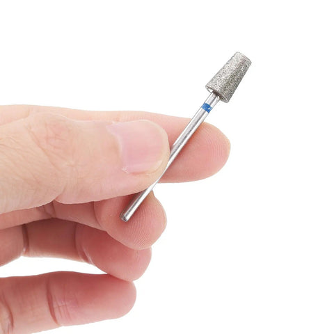 Hand holding single bit from Six Piece Diamond Grinding Bit Set For Rotary Tools, conical shape, 2.35mm shank, 45mm length.