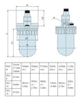 Technical drawing of Air Compressor Lubricator with Aluminum Alloy Oil Separator and Transparent PC Cup for Pneumatic Systems.