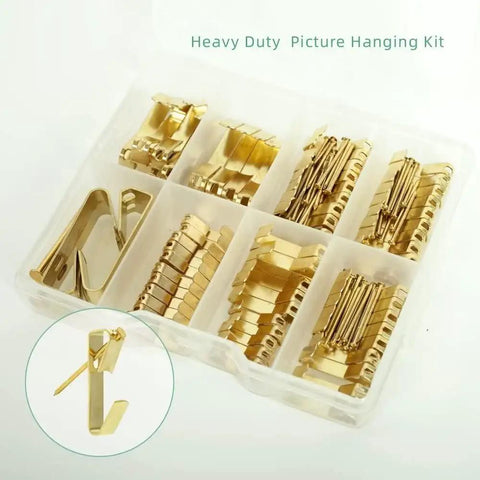 Heavy Duty Picture Hanging Kit With 10 To 100 LB Supports, 140 Golden Picture Hooks And Nails in plastic organizer