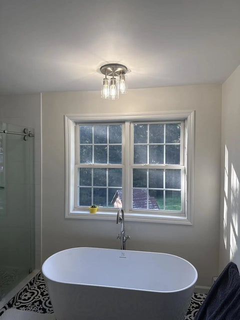 Semi Flush Mount Ceiling Light 3 Light Brushed Nickel With Clear Glass Shades in modern bathroom with tub