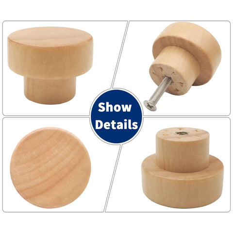 16 Pack Wood Cabinet Knobs Flat Top Round Natural Wood Drawer Pulls 35mm Diameter 25mm Height 22mm Base Easy Install