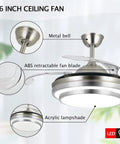 36 Inch Retractable Ceiling Fan With Lights And Remote Smart Dimmable Led Fandelier Lit, metal bell, ABS blades, acrylic lampshade