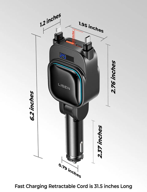 Retractable Car Charger 4 In 1 No Fuss Fast Charging Hub with 96W power, dimensions labeled, fits cigarette lighter adapter.