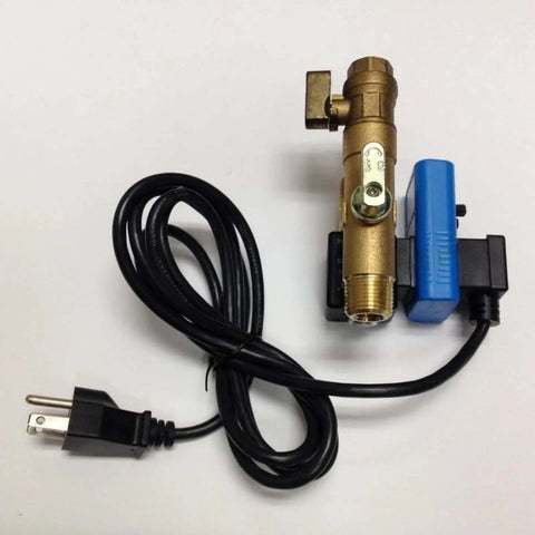 Timed electric condensate drain valve with brass body and blue solenoid, 1/4-inch port, power cord.