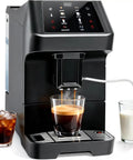 Zero Fuss Automatic Espresso Machine With Built In Grinder, 19 Bar Coffee Maker brewing espresso into a glass with milk on side.