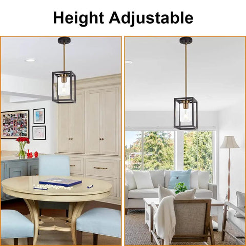 One Light Lantern Pendant With Adjustable Stem Black And Brushed Brass Farmhouse Chandelier over dining and living areas