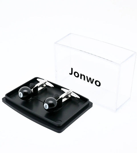 Black 8 Ball Cufflinks For Men With Gift Case Party Ready Dress Shirt Accessory in black tray and clear box