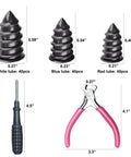 Universal 120 Piece Tire Repair Kit With Heavy Duty Rubber Nails No Sweat Screw In Puncture Plugs Includes Pro Pliers And Extractor For Fast Street Safe Fixes On Cars Trucks components including various plug sizes and Pro Pliers.