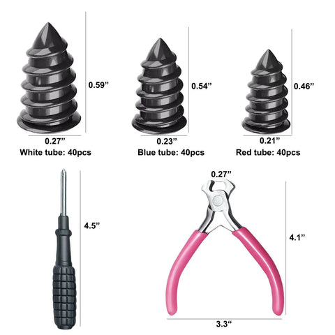 Universal 120 Piece Tire Repair Kit With Heavy Duty Rubber Nails No Sweat Screw In Puncture Plugs Includes Pro Pliers And Extractor For Fast Street Safe Fixes On Cars Trucks components including various plug sizes and Pro Pliers.