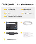 Hardcore Rugged Tablet With 10.95 Inch Screen Running Android 15 Packing 20 GB Ram And 256 GB Storage with USB-C, hand strap, and charger.