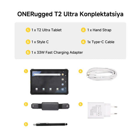 Hardcore Rugged Tablet With 10.95 Inch Screen Running Android 15 Packing 20 GB Ram And 256 GB Storage with USB-C, hand strap, and charger.