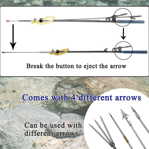 Lightweight Anti Corrosion Speargun For Spearfishing And Harpoon Crabbing Gear with 4 different arrow options displayed.