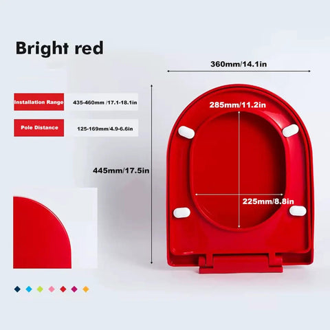 Heavy Duty Square Toilet Seat With Smooth Soft Close Lid And Quick Release Hinges For No Sweat Cleanup In Sturdy White Plastic For Universal Home Bathroom Setup in bright red color with dimensions displayed.