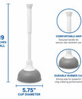 Slick Modern Toilet Plunger With 19 Inch Handle And Gray Rubber Cup Kicks Clogs Fast And Features A Snazzy Three Piece Design, 5.75 inch cup diameter.