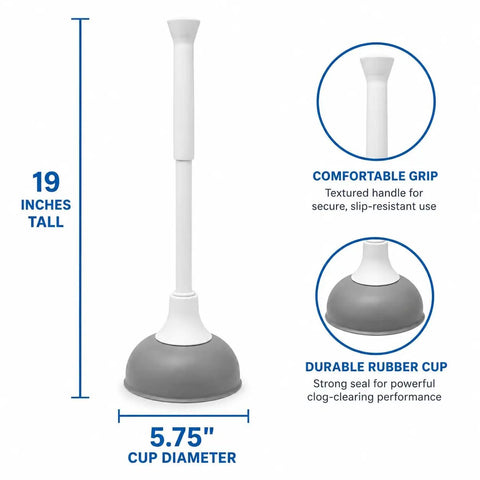 Slick Modern Toilet Plunger With 19 Inch Handle And Gray Rubber Cup Kicks Clogs Fast And Features A Snazzy Three Piece Design, 5.75 inch cup diameter.