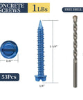 53 Piece Concrete Screws With Drill Bit Kit One Quarter By One And Three Quarters Inch Hex Head Pro Grade Masonry Screws For Concrete Anchors
