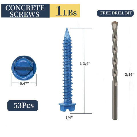 53 Piece Concrete Screws With Drill Bit Kit One Quarter By One And Three Quarters Inch Hex Head Pro Grade Masonry Screws For Concrete Anchors
