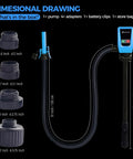 Dimensional drawing of Portable Fuel Transfer Pump With Auto Stop Sensor 51 Inch Hose 3.2 Gallons Per Minute Fast And Safe Gas Can Pump For Oil Battery Or DC Power Manual Nozzle Type Blue.