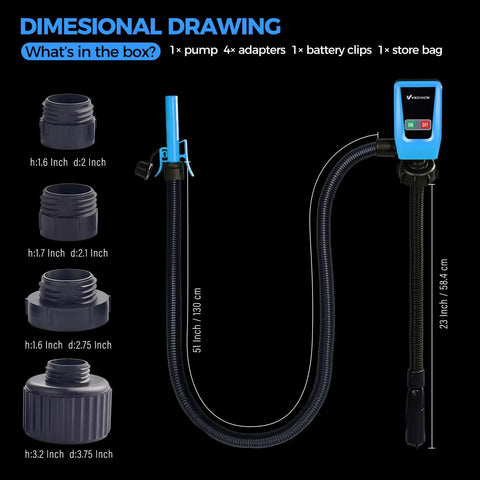 Dimensional drawing of Portable Fuel Transfer Pump With Auto Stop Sensor 51 Inch Hose 3.2 Gallons Per Minute Fast And Safe Gas Can Pump For Oil Battery Or DC Power Manual Nozzle Type Blue.