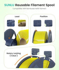 SUNLU reusable filament spool with load, position, and rotary locking features, compatible with Bambulab refill filament.