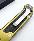 Close-up of the green aviation aluminum handle with pocket clip on the Beefy 7.9 Inch Button Lock Folding Pocket Knife.