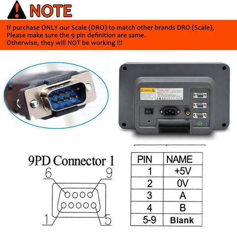 Back view of Digital DRO Readout with connector details and 9-pin diagram for Milling Machines