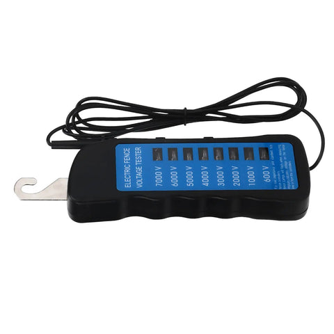 Ranch Ready Heavy Duty Electric Fence Voltage Tester displaying neon voltage readings from 600 to 7000 volts with probe.