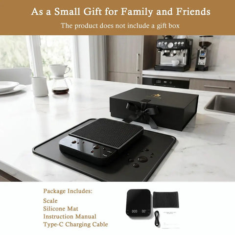 Digital Coffee Scale With Built In Timer 0.1g Precision To 3000g Rechargeable Espresso Scale on a kitchen counter