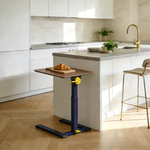 Rolling End Table From 100 Percent Solid Wood With Height Adjustable 19.8 To 29.7 Inches in a kitchen setting with bread