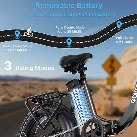 Folding Electric Bike With 1300W Peak Motor For Crushing Hills, 75 Mile Pedal Assist Range, Removable 52V 13Ah Battery shown.