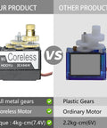 Comparison of Two Pack 9g Coreless RC Servo Motors with full metal gears and plastic gears alternative.
