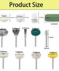 Pro Grade Rotary Tool Polishing Kit with Buffing Wheels and Felt Wool Pads Polish Compound Grinding Heads Point Tips and Mandrels One Eighth Inch Shanks Ideal For Jewelry And Metal Polishing Gear product size diagram showing various tool heads and dimensions.