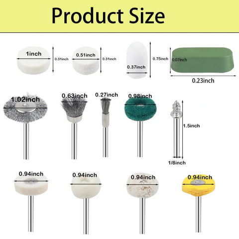 Pro Grade Rotary Tool Polishing Kit with Buffing Wheels and Felt Wool Pads Polish Compound Grinding Heads Point Tips and Mandrels One Eighth Inch Shanks Ideal For Jewelry And Metal Polishing Gear product size diagram showing various tool heads and dimensions.